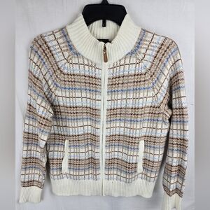 Talbot's Cream and Brown Plaid Zip-Up Long Sleeve Sweater Sz MP